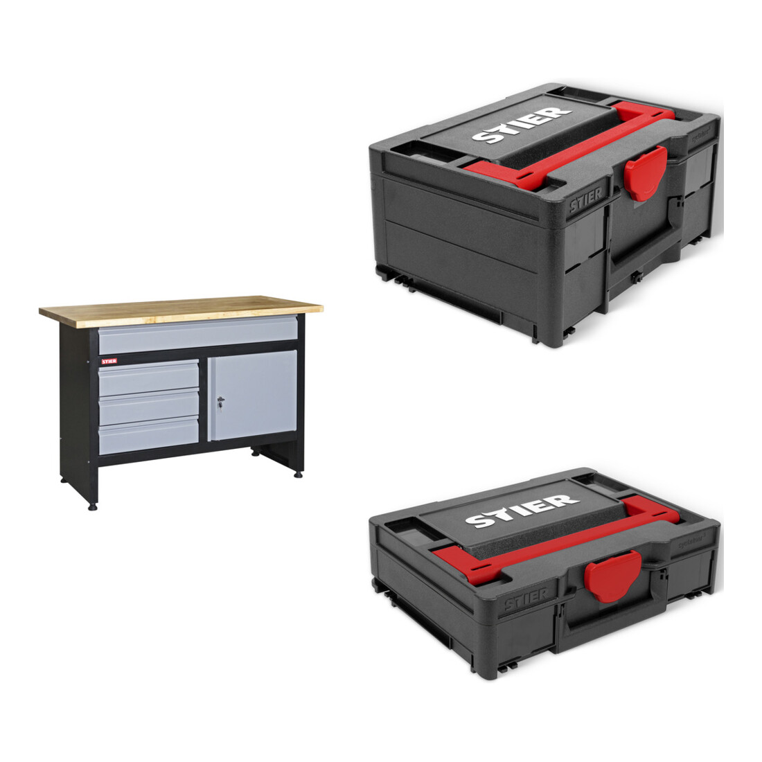 Set STIER Werkbank Basic+ BxTxH 1200x600x840 mm + STIER Systainer³ I Black Edition + STIER Systainer³ II Black Edition