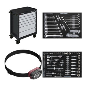 Set Kraftwerk Werkzeugwagen LT700 60/40 7 Schubladen + LED Stirnlampe COB 500 + Steckschlüssel-Einlage 1/4“+3/8“+1/2“, bestückt, 86-tlg. + Gabelring/ Ring-Ring-Einlage 46-tlg.