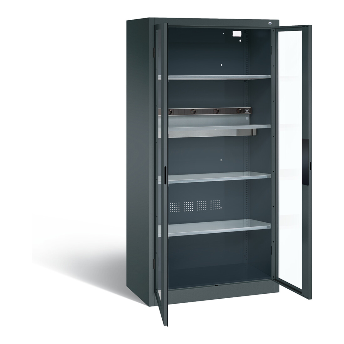 C+P Akku-Ladeschrank für 5 E-Werkzeuge, Sichtfenster, H1950xB930xT500mm, Anthrazitgrau