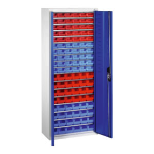C+P Magazinschrank mit 108 Sichtlagerkästen, H1690xB700xT300mm Front Enzianblau Korpus Lichtgrau