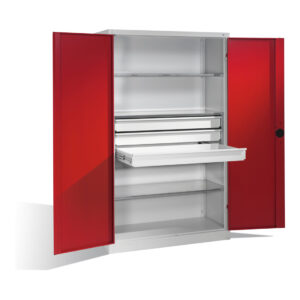 C+P Schwerlastschrank mit Drehtüren, 3 Böden und 3 Schübe, H1950xB1200xT500mm Front Rubinrot Korpus Lichtgrau