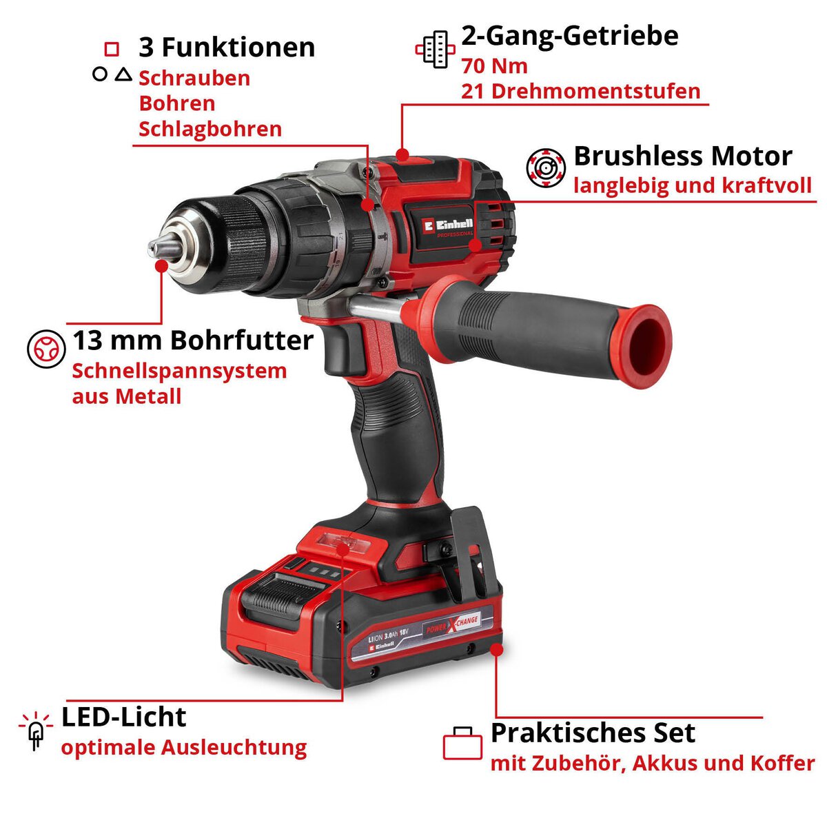 Einhell Akku-Schlagbohrschrauber TP-CD 18/70 Li-i BL+70 (2+3Ah) – Bild 3