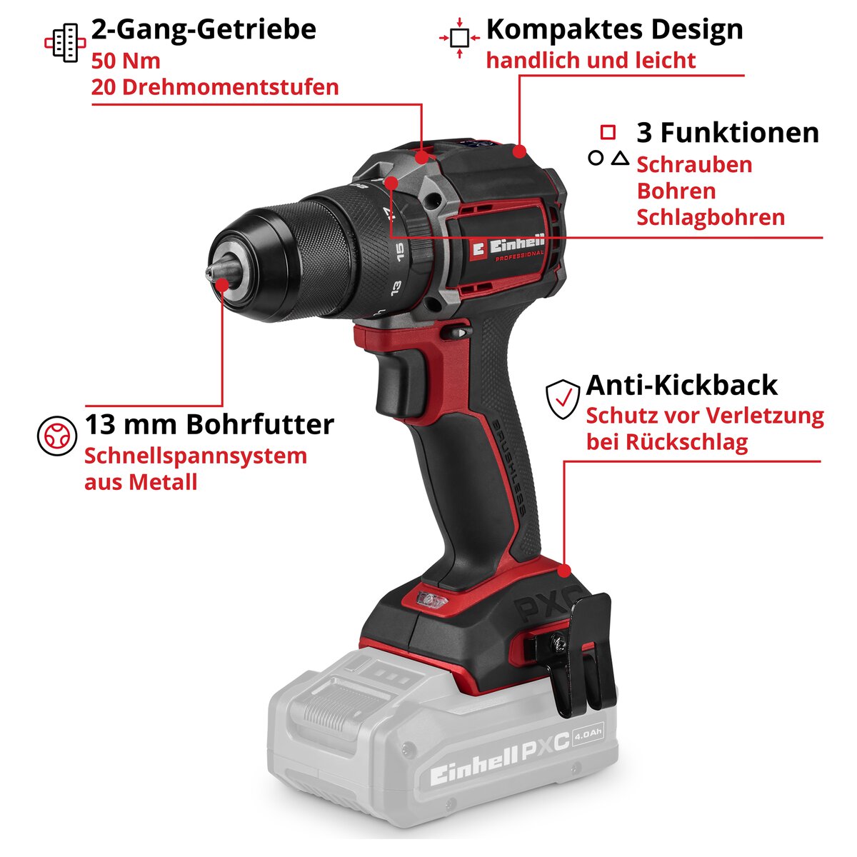 Einhell Akku-Schlagbohrschrauber TP-CD 18/50-C Li-i BL (2x3Ah) – Bild 3