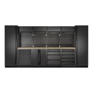 Kraftwerk 6-Element-Schrankwand mit Vierkantlochwand Länge 3920 mm Multiplex-Arbeitsplatte